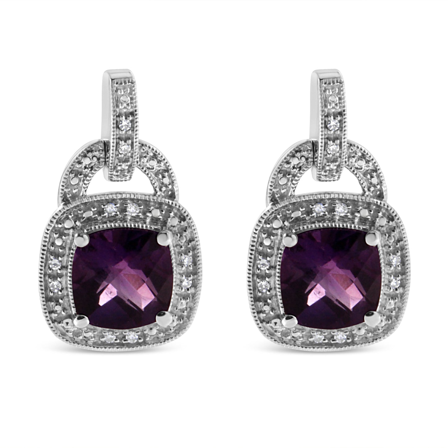 .925 Sterling Silver 8MM Natural Cushion Shaped Amethyst and Diamond Accent Halo with Push Back Dangle Earrings (I-J Color, I2-I3 Clarity) Bids.com