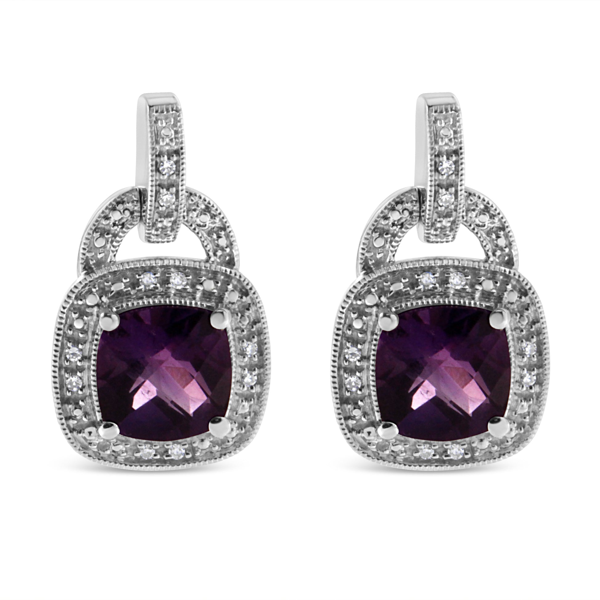 .925 Sterling Silver 8MM Natural Cushion Shaped Amethyst and Diamond Accent Halo with Push Back Dangle Earrings (I-J Color, I2-I3 Clarity) Bids.com