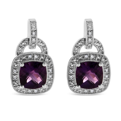 .925 Sterling Silver 8MM Natural Cushion Shaped Amethyst and Diamond Accent Halo with Push Back Dangle Earrings (I-J Color, I2-I3 Clarity) Bids.com