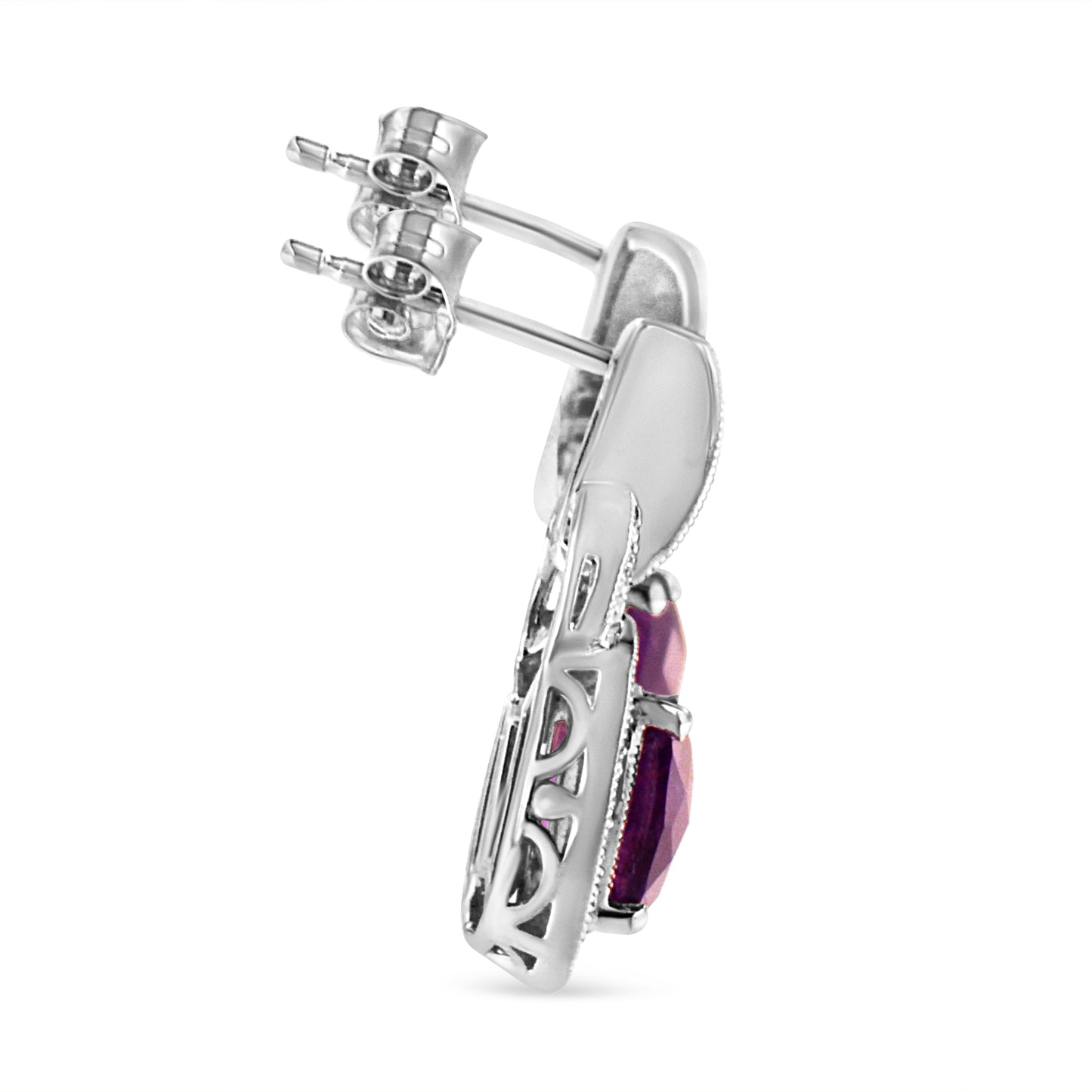 .925 Sterling Silver 8MM Natural Cushion Shaped Amethyst and Diamond Accent Halo with Push Back Dangle Earrings (I-J Color, I2-I3 Clarity) Bids.com