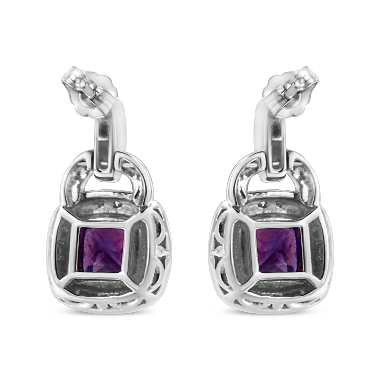 .925 Sterling Silver 8MM Natural Cushion Shaped Amethyst and Diamond Accent Halo with Push Back Dangle Earrings (I-J Color, I2-I3 Clarity) Bids.com