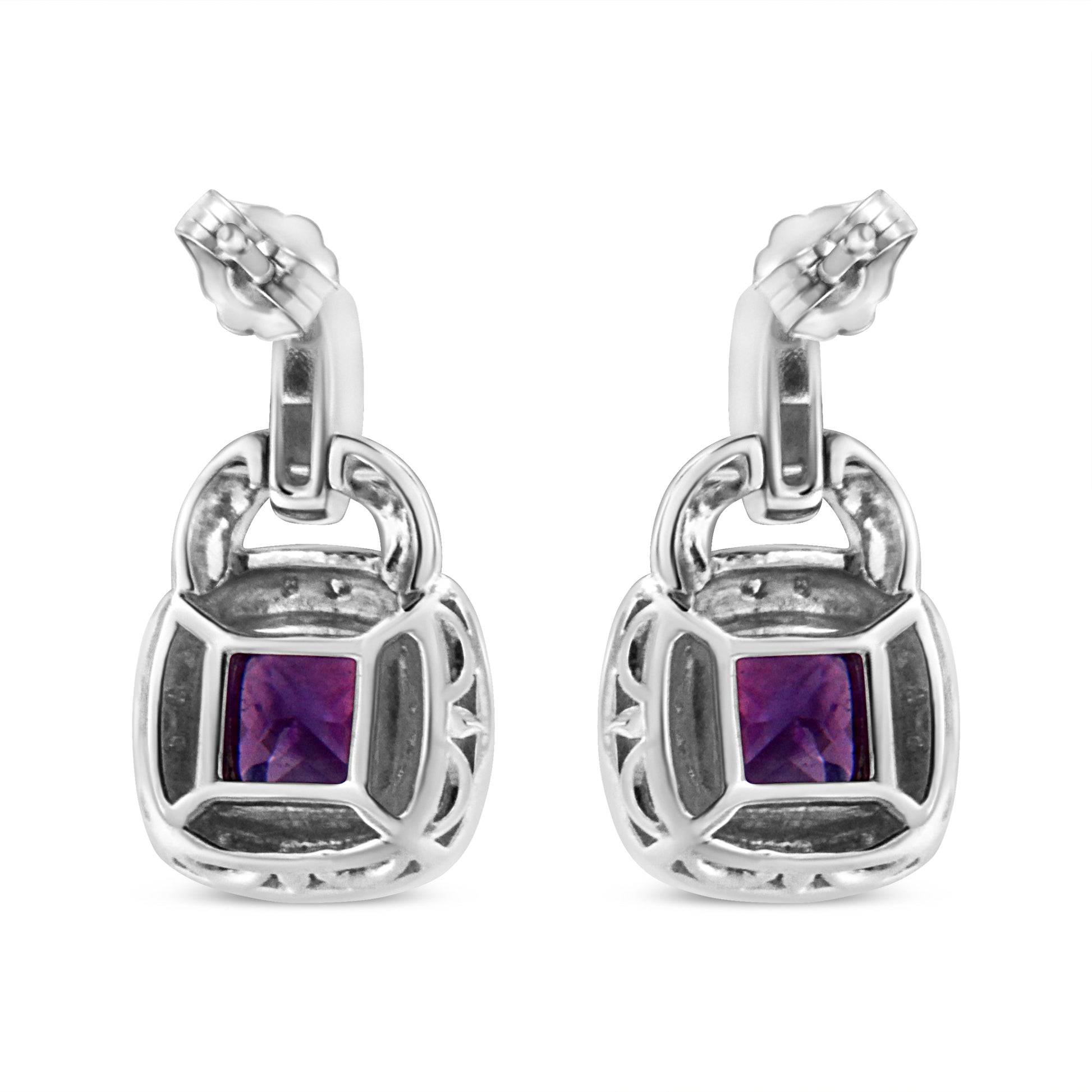 .925 Sterling Silver 8MM Natural Cushion Shaped Amethyst and Diamond Accent Halo with Push Back Dangle Earrings (I-J Color, I2-I3 Clarity) Bids.com