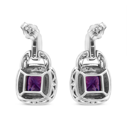 .925 Sterling Silver 8MM Natural Cushion Shaped Amethyst and Diamond Accent Halo with Push Back Dangle Earrings (I-J Color, I2-I3 Clarity) Bids.com