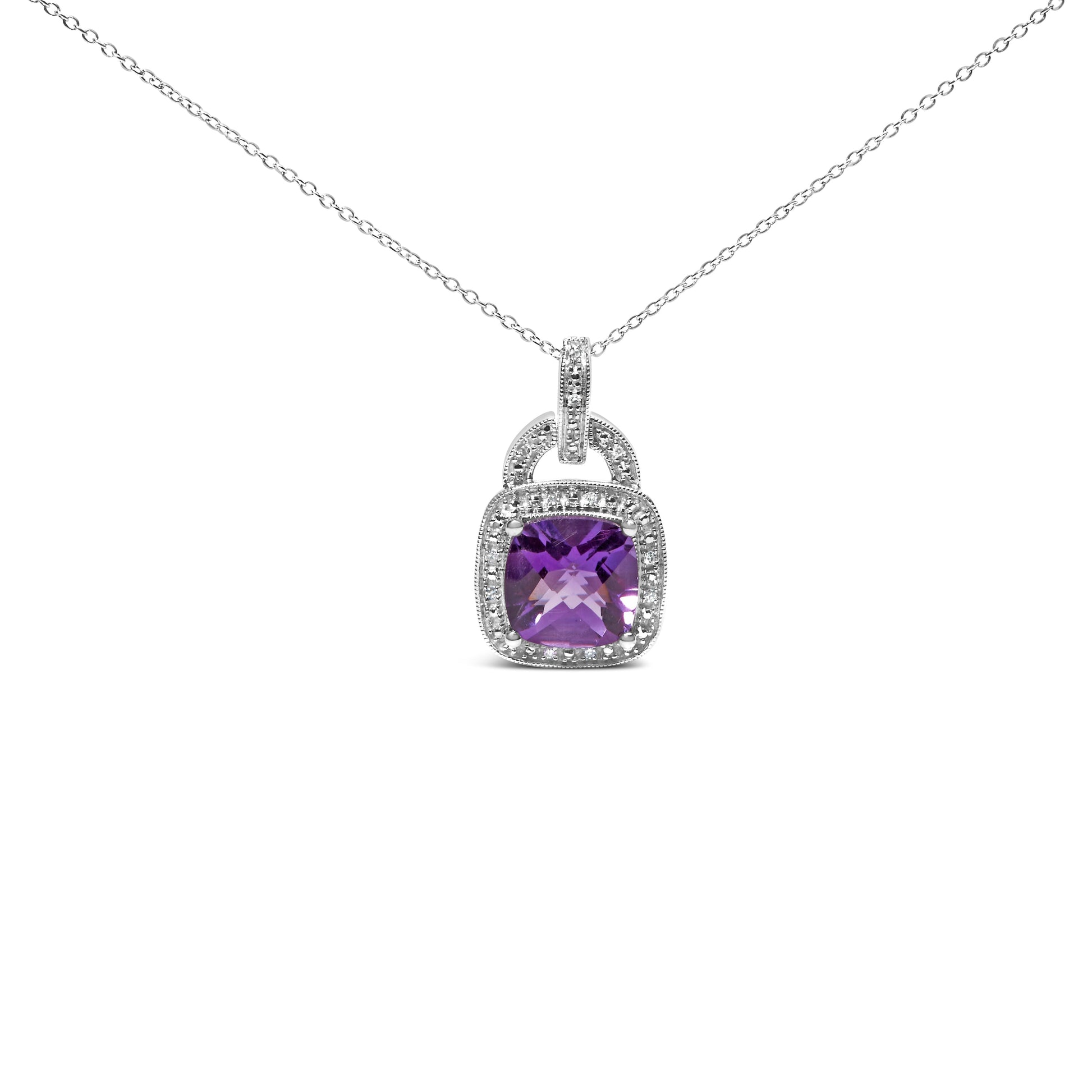 .925 Sterling Silver 10X10 MM Cushion Purple Amethyst and Diamond Accent Halo 18" Pendant Necklace (I-J Color, I1-I2 Clarity) Bids.com