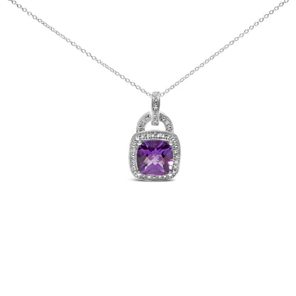 .925 Sterling Silver 10X10 MM Cushion Purple Amethyst and Diamond Accent Halo 18" Pendant Necklace (I-J Color, I1-I2 Clarity) Bids.com