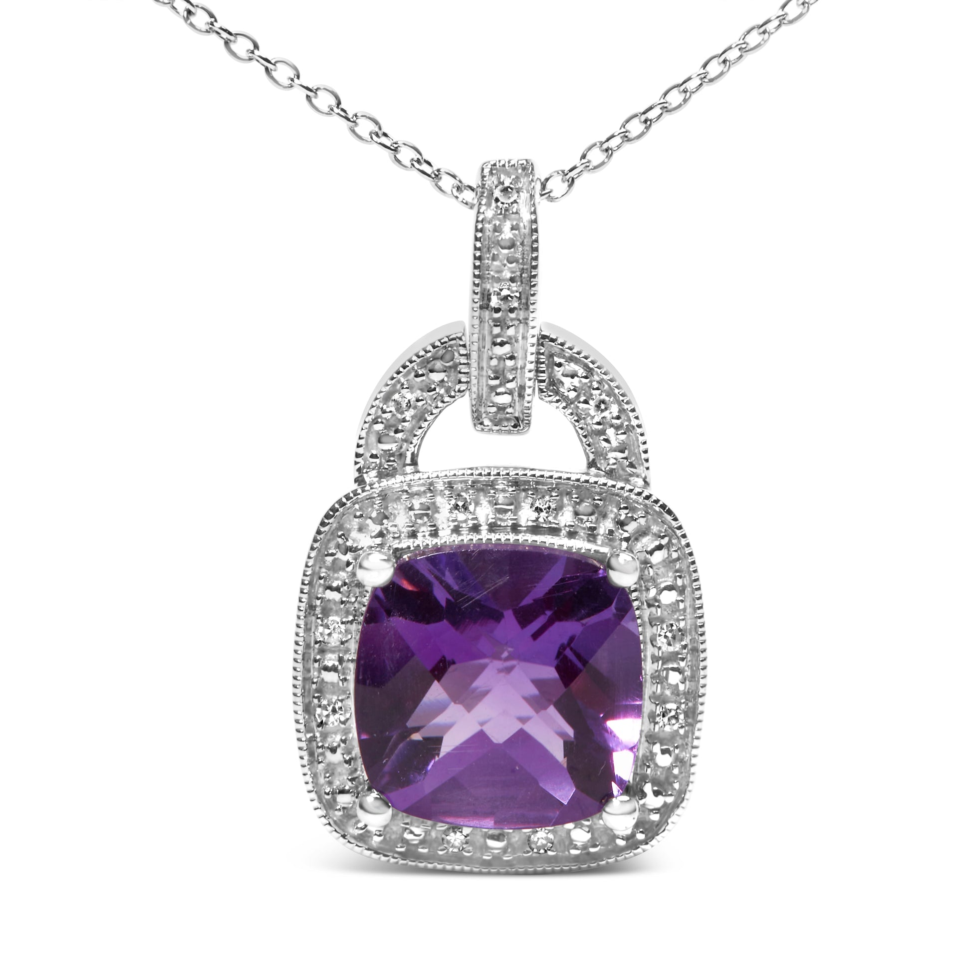 .925 Sterling Silver 10X10 MM Cushion Purple Amethyst and Diamond Accent Halo 18" Pendant Necklace (I-J Color, I1-I2 Clarity) Bids.com