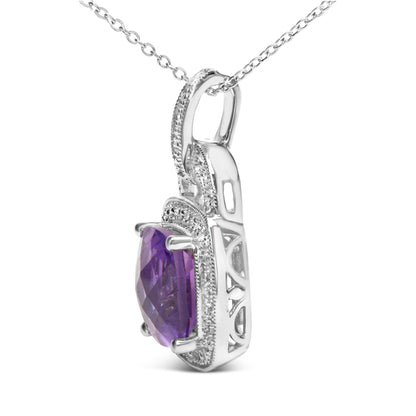 .925 Sterling Silver 10X10 MM Cushion Purple Amethyst and Diamond Accent Halo 18" Pendant Necklace (I-J Color, I1-I2 Clarity) Bids.com
