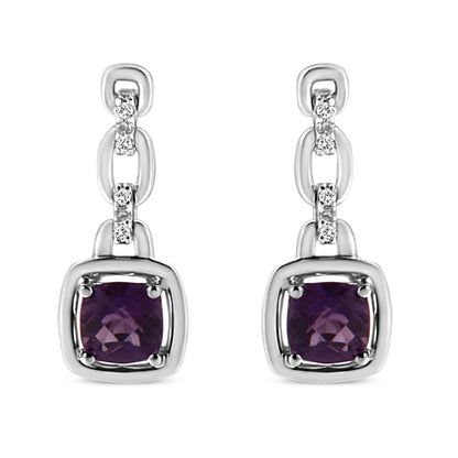 .925 Sterling Silver 6x6MM Cushion Shaped Natural Purple Amethyst and Diamond Accent Drop and Dangle Earrings (I-J Color, I1-I2 Clarity) Bids.com