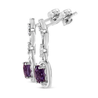 .925 Sterling Silver 6x6MM Cushion Shaped Natural Purple Amethyst and Diamond Accent Drop and Dangle Earrings (I-J Color, I1-I2 Clarity) Bids.com
