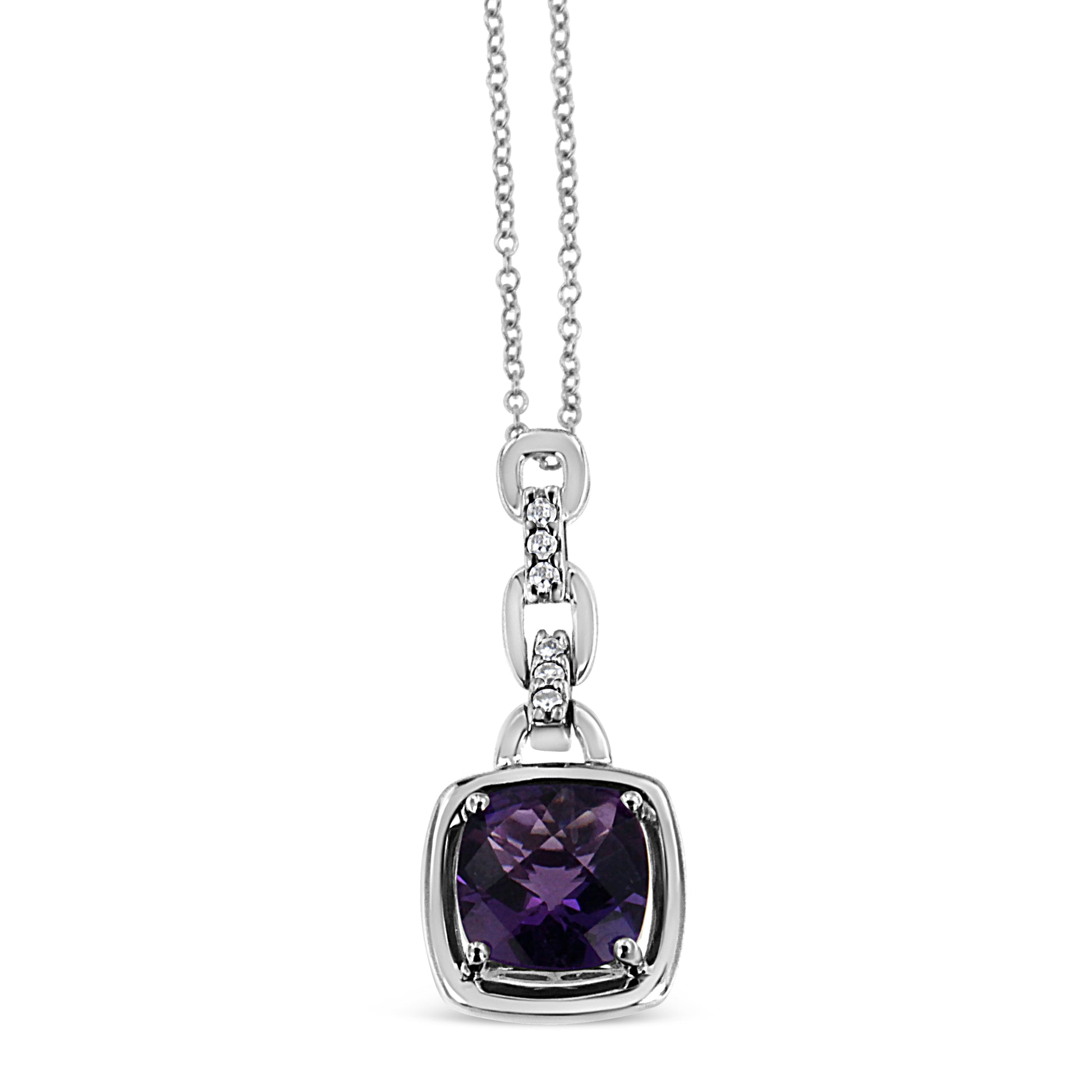.925 Sterling Silver 6x6MM Cushion Shaped Natural Purple Amethyst and Diamond Accented Bale 18" Inch Pendant Necklace (I-J Color, I1-I2 Clarity) Bids.com