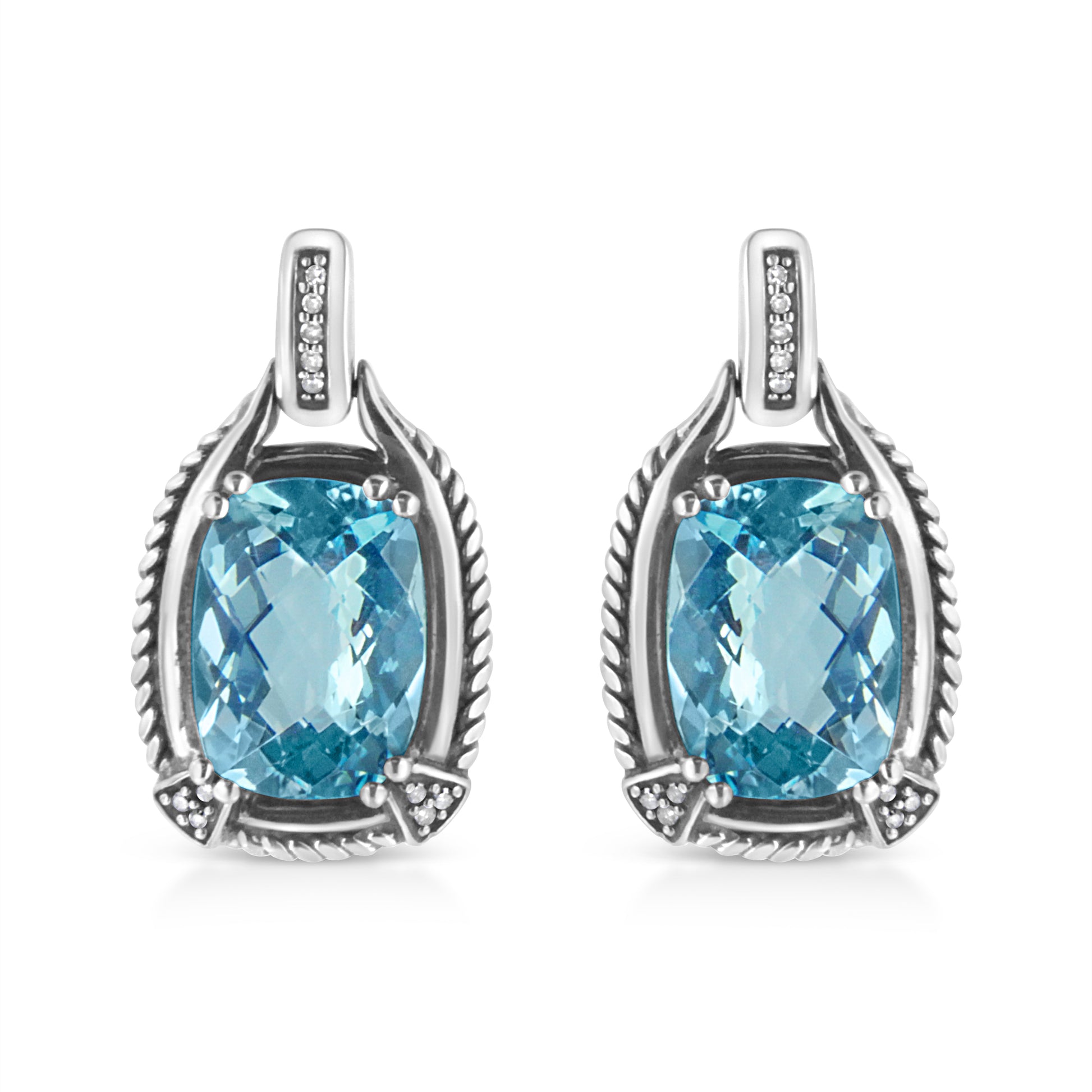 .925 Sterling Silver 14x10MM Cushion Cut Blue Topaz Gemstone and Diamond Accent Dangle Earring (I-J Color, I1-I2 Clarity) Bids.com