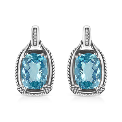 .925 Sterling Silver 14x10MM Cushion Cut Blue Topaz Gemstone and Diamond Accent Dangle Earring (I-J Color, I1-I2 Clarity) Bids.com