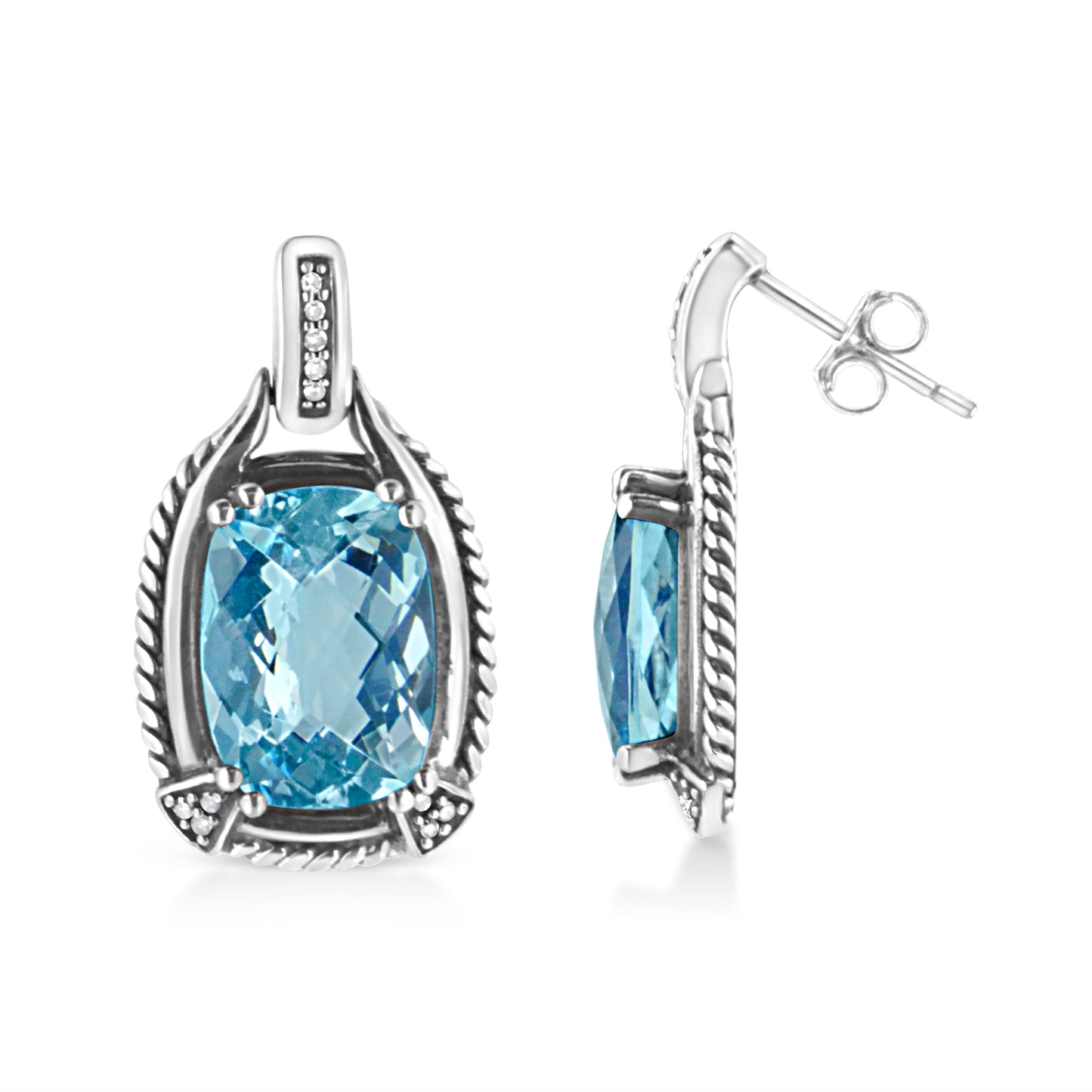 .925 Sterling Silver 14x10MM Cushion Cut Blue Topaz Gemstone and Diamond Accent Dangle Earring (I-J Color, I1-I2 Clarity) Bids.com