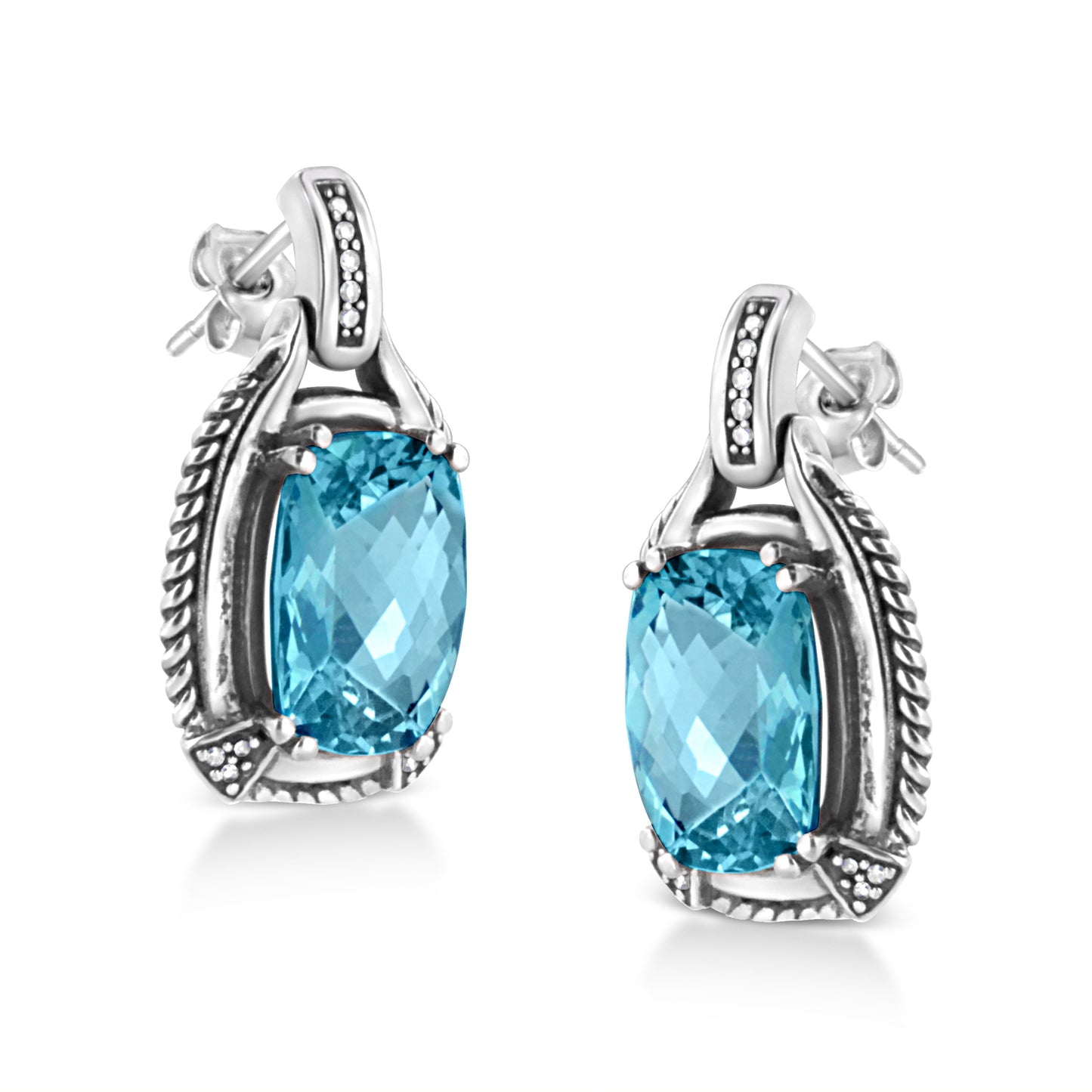 .925 Sterling Silver 14x10MM Cushion Cut Blue Topaz Gemstone and Diamond Accent Dangle Earring (I-J Color, I1-I2 Clarity) Bids.com