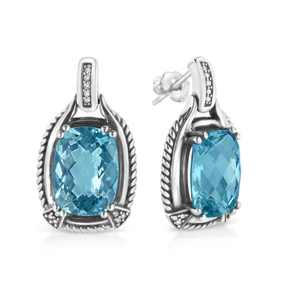 .925 Sterling Silver 14x10MM Cushion Cut Blue Topaz Gemstone and Diamond Accent Dangle Earring (I-J Color, I1-I2 Clarity) Bids.com