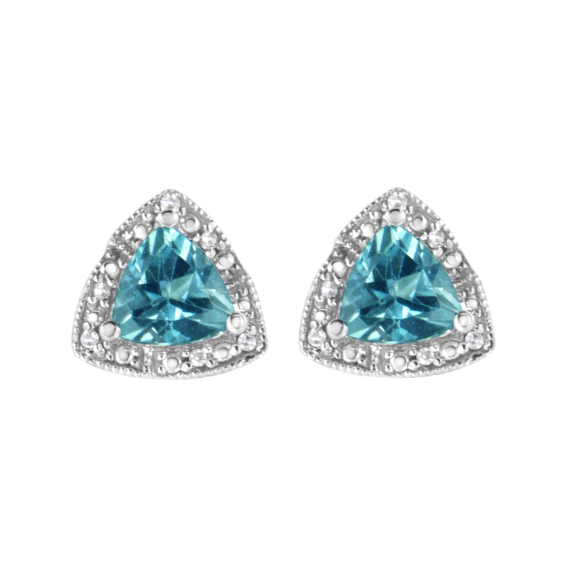 .925 Sterling Silver 6x6 mm Trillion Cut Blue Topaz Gemstone and Diamond Accent Stud Earring (I-J Color, I1-I2 Clarity) Bids.com
