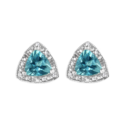 .925 Sterling Silver 6x6 mm Trillion Cut Blue Topaz Gemstone and Diamond Accent Stud Earring (I-J Color, I1-I2 Clarity) Bids.com