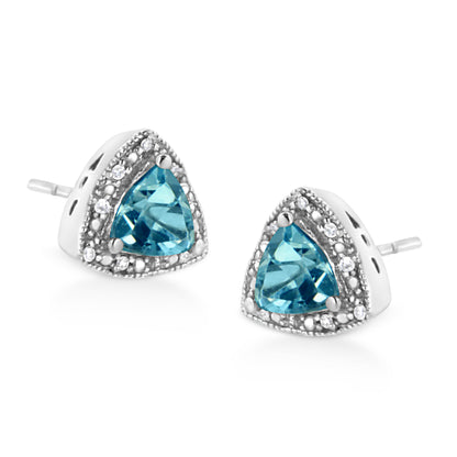 .925 Sterling Silver 6x6 mm Trillion Cut Blue Topaz Gemstone and Diamond Accent Stud Earring (I-J Color, I1-I2 Clarity) Bids.com