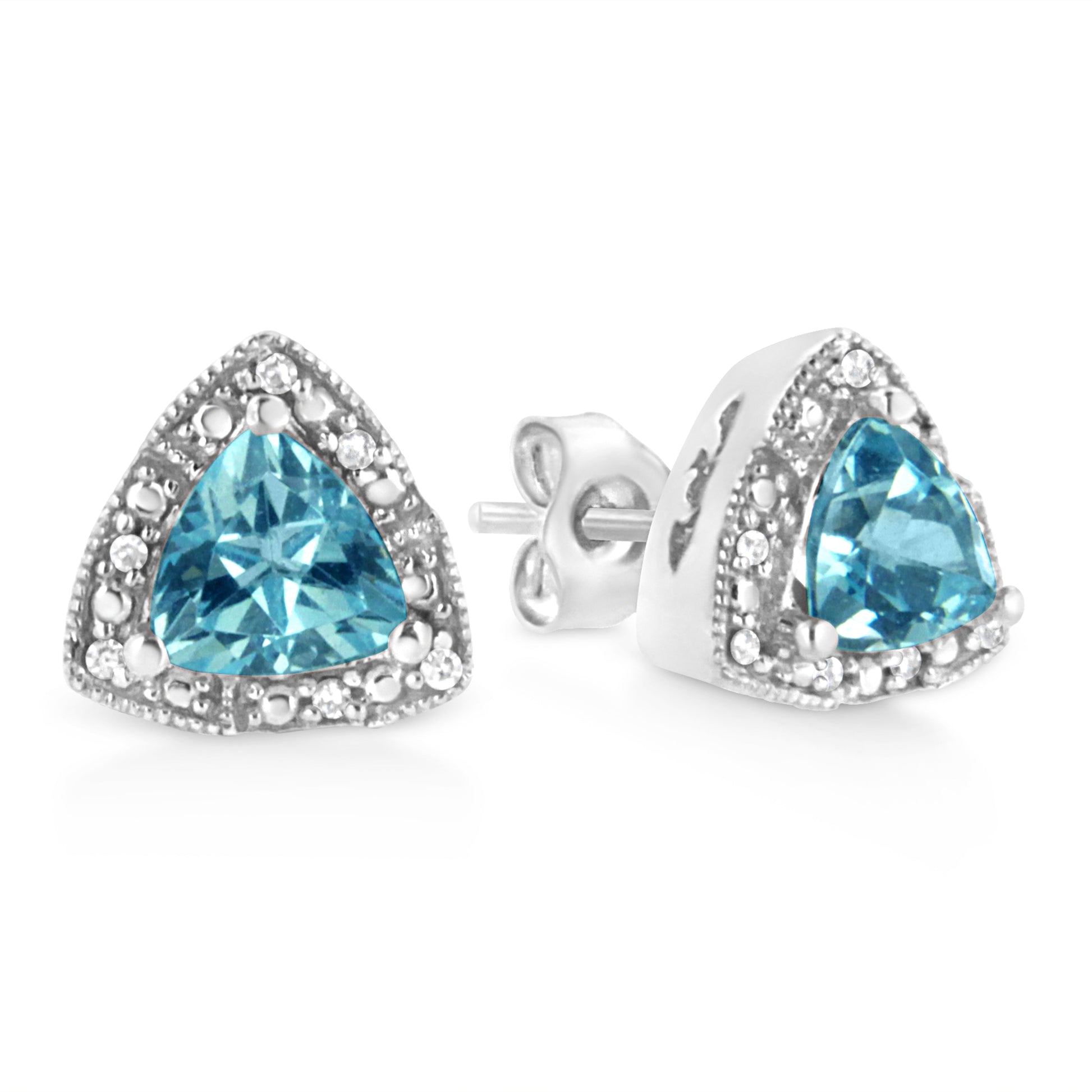 .925 Sterling Silver 6x6 mm Trillion Cut Blue Topaz Gemstone and Diamond Accent Stud Earring (I-J Color, I1-I2 Clarity) Bids.com