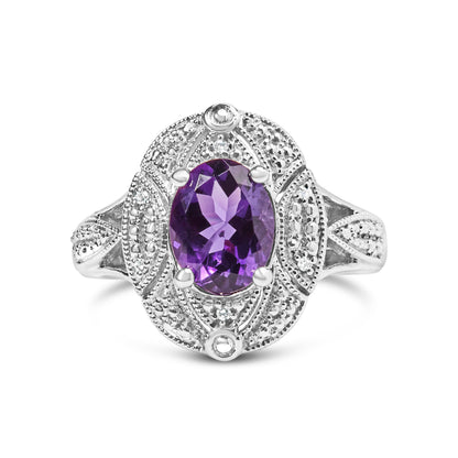 .925 Sterling Silver 9x7mm Oval Purple Amethyst and Diamond Accent Art Deco Style Cocktail Ring (I-J Color, I1-I2 Clarity) - Size 6 Bids.com