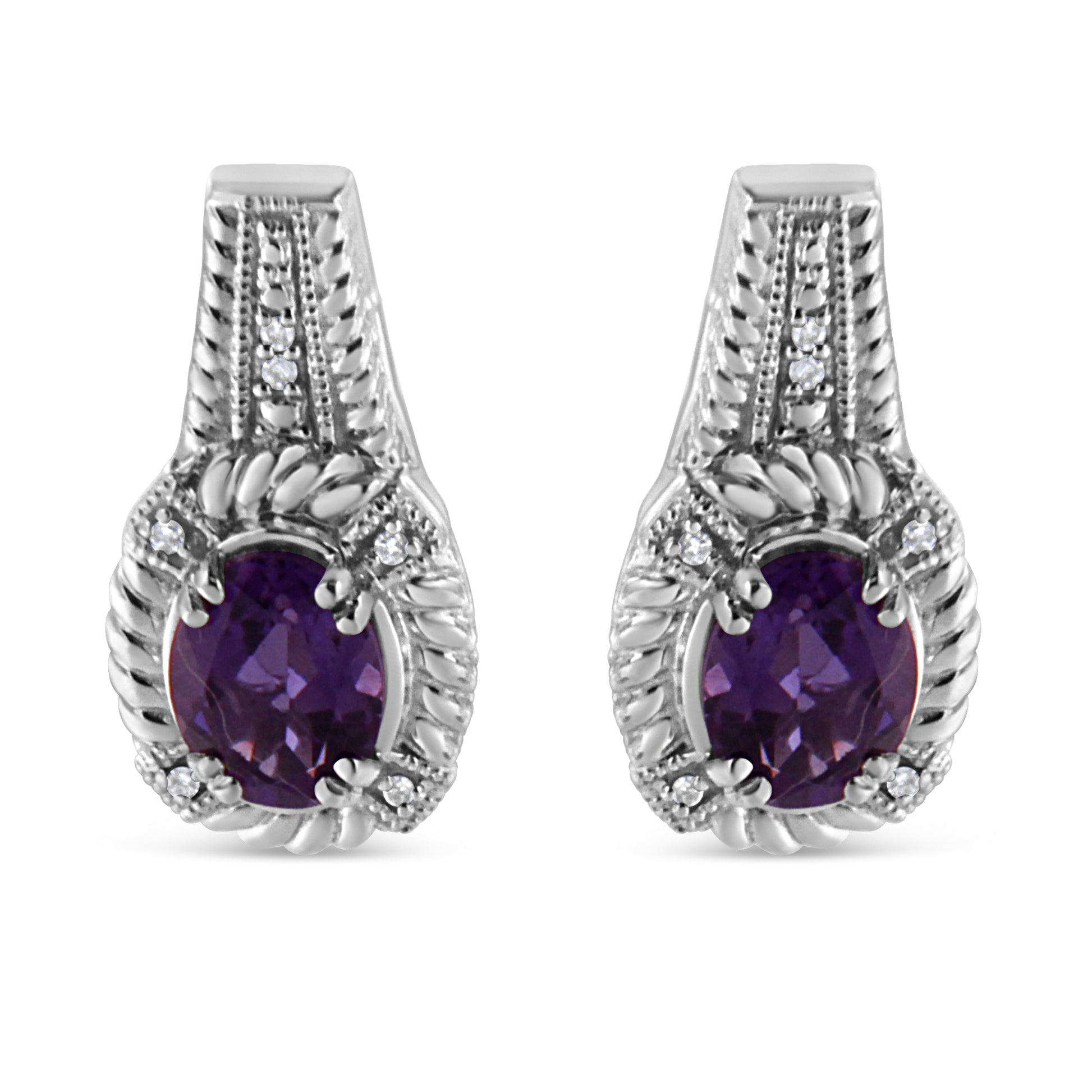 .925 Sterling Silver 8x6 MM Natural Oval Purple Amethyst Gemstone and Diamond Accent Art Deco Style Drop and Dangle Earrings (I-J Color, I1-I2 Clarity) Bids.com