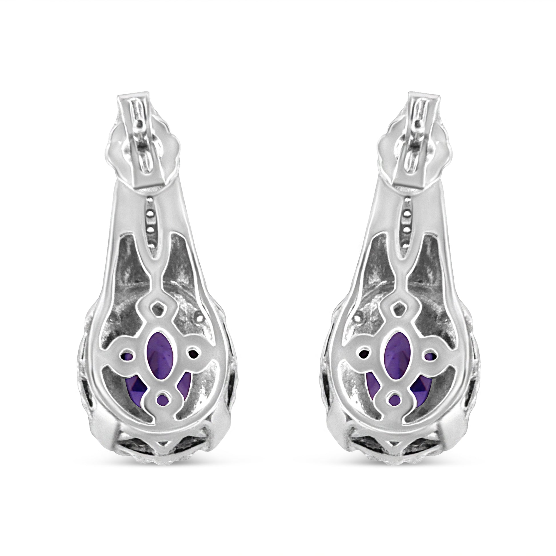 .925 Sterling Silver 8x6 MM Natural Oval Purple Amethyst Gemstone and Diamond Accent Art Deco Style Drop and Dangle Earrings (I-J Color, I1-I2 Clarity) Bids.com
