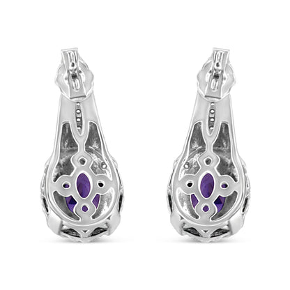 .925 Sterling Silver 8x6 MM Natural Oval Purple Amethyst Gemstone and Diamond Accent Art Deco Style Drop and Dangle Earrings (I-J Color, I1-I2 Clarity) Bids.com