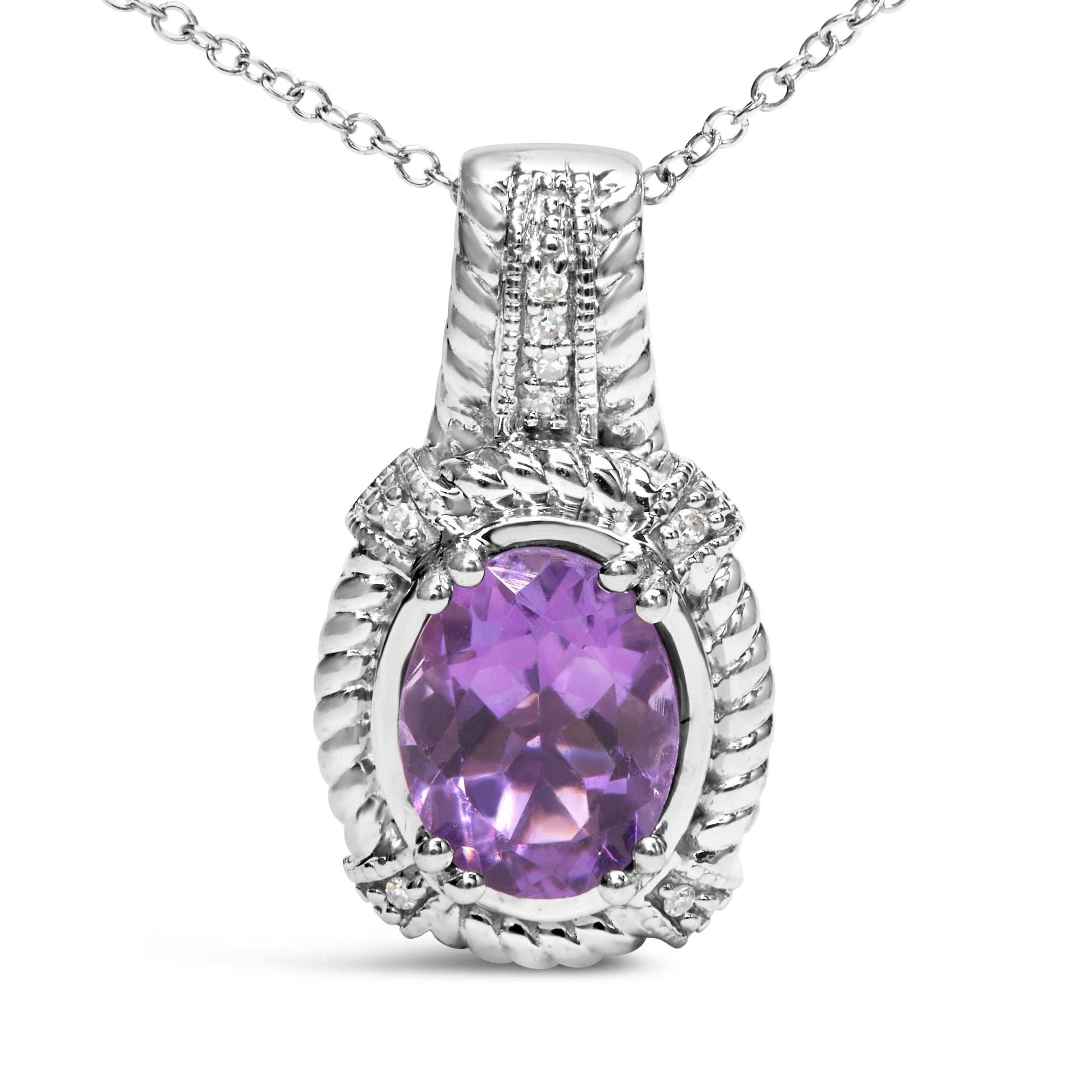 .925 Sterling Silver 9x7mm Oval Purple Amethyst and Round Diamond Accent Fashion Drop Pendant 18 Inch Necklace (I-J Color, I1-I2 Clarity) Bids.com