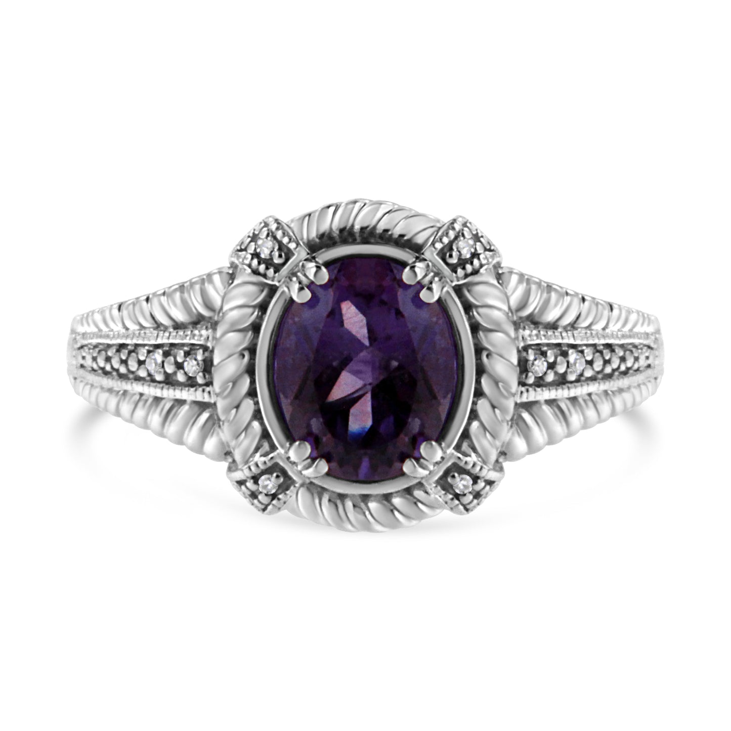.925 Sterling Silver Prong Set Natural Oval Shape 9X7 MM Purple Amethyst Solitaire and Diamond Accent Ring (I-J Color, I1-I2 Clarity) - Ring Size 7 Bids.com