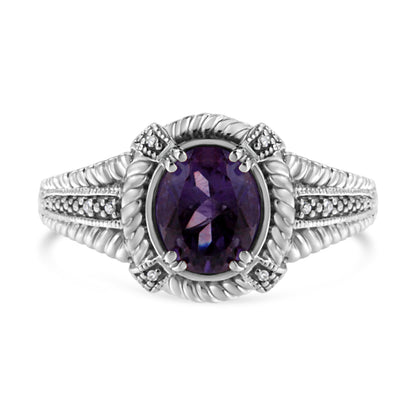 .925 Sterling Silver Prong Set Natural Oval Shape 9X7 MM Purple Amethyst Solitaire and Diamond Accent Ring (I-J Color, I1-I2 Clarity) - Ring Size 7 Bids.com
