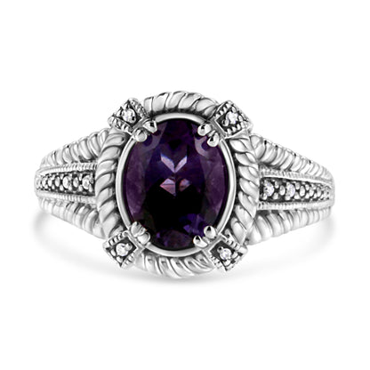 .925 Sterling Silver Prong Set Natural Oval Shape 9X7 MM Purple Amethyst Solitaire and Diamond Accent Ring (I-J Color, I1-I2 Clarity) - Ring Size 7 Bids.com
