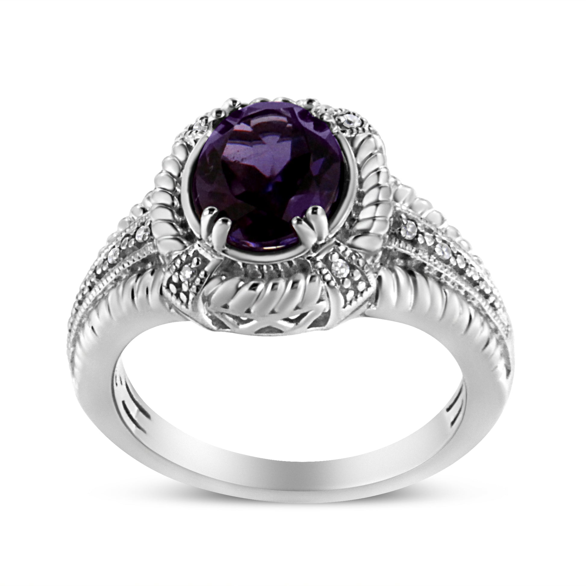 .925 Sterling Silver Prong Set Natural Oval Shape 9X7 MM Purple Amethyst Solitaire and Diamond Accent Ring (I-J Color, I1-I2 Clarity) - Ring Size 7 Bids.com