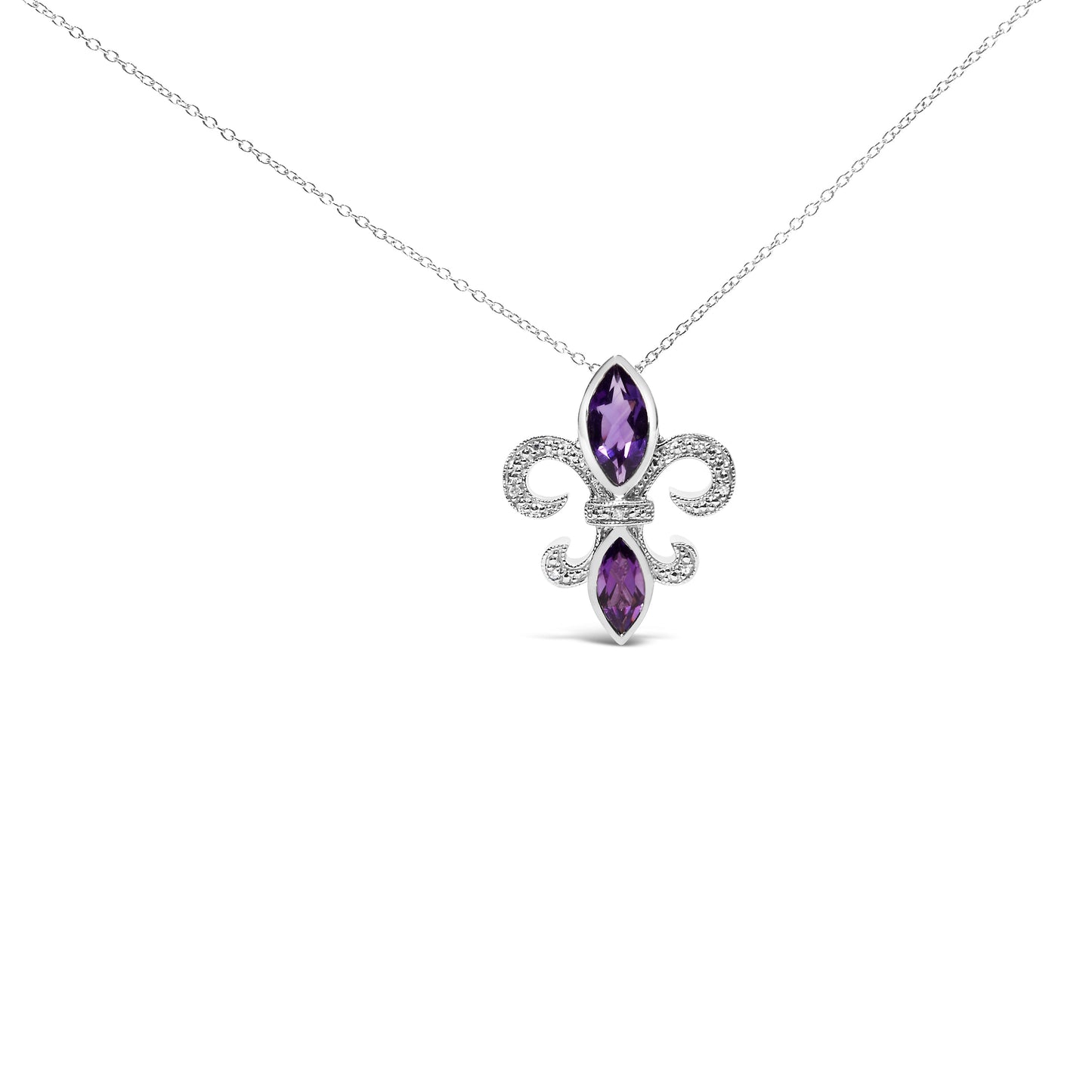 .925 Sterling Silver Purple Amethyst Marquise and Diamond Accent Fleur De Lis Pendant Necklace (H-I Color, SI1-SI2 Clarity) - Size 18" Bids.com