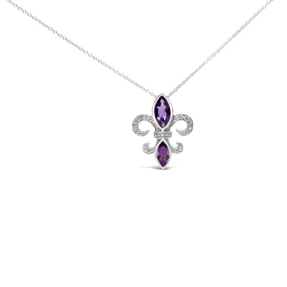 .925 Sterling Silver Purple Amethyst Marquise and Diamond Accent Fleur De Lis Pendant Necklace (H-I Color, SI1-SI2 Clarity) - Size 18" Bids.com