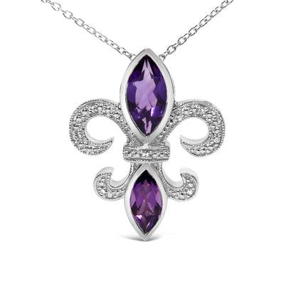 .925 Sterling Silver Purple Amethyst Marquise and Diamond Accent Fleur De Lis Pendant Necklace (H-I Color, SI1-SI2 Clarity) - Size 18" Bids.com