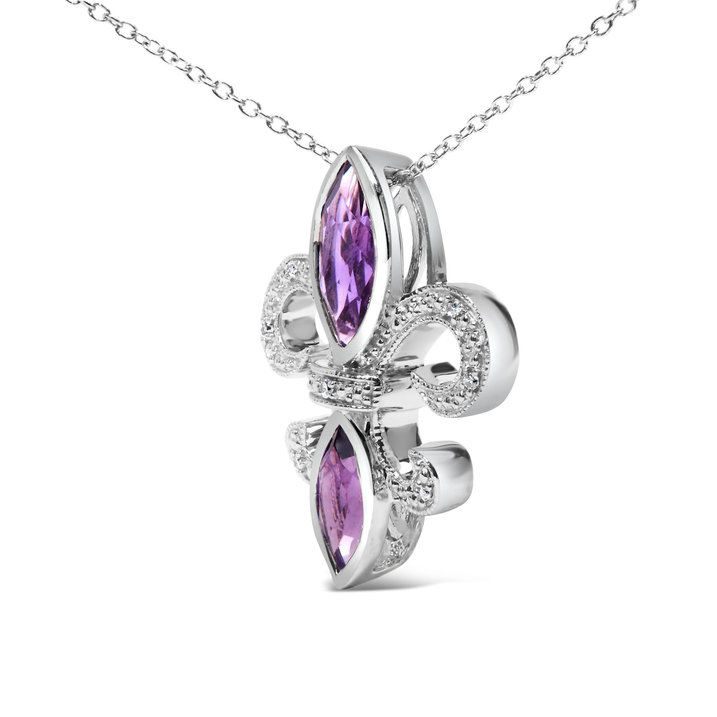 .925 Sterling Silver Purple Amethyst Marquise and Diamond Accent Fleur De Lis Pendant Necklace (H-I Color, SI1-SI2 Clarity) - Size 18" Bids.com