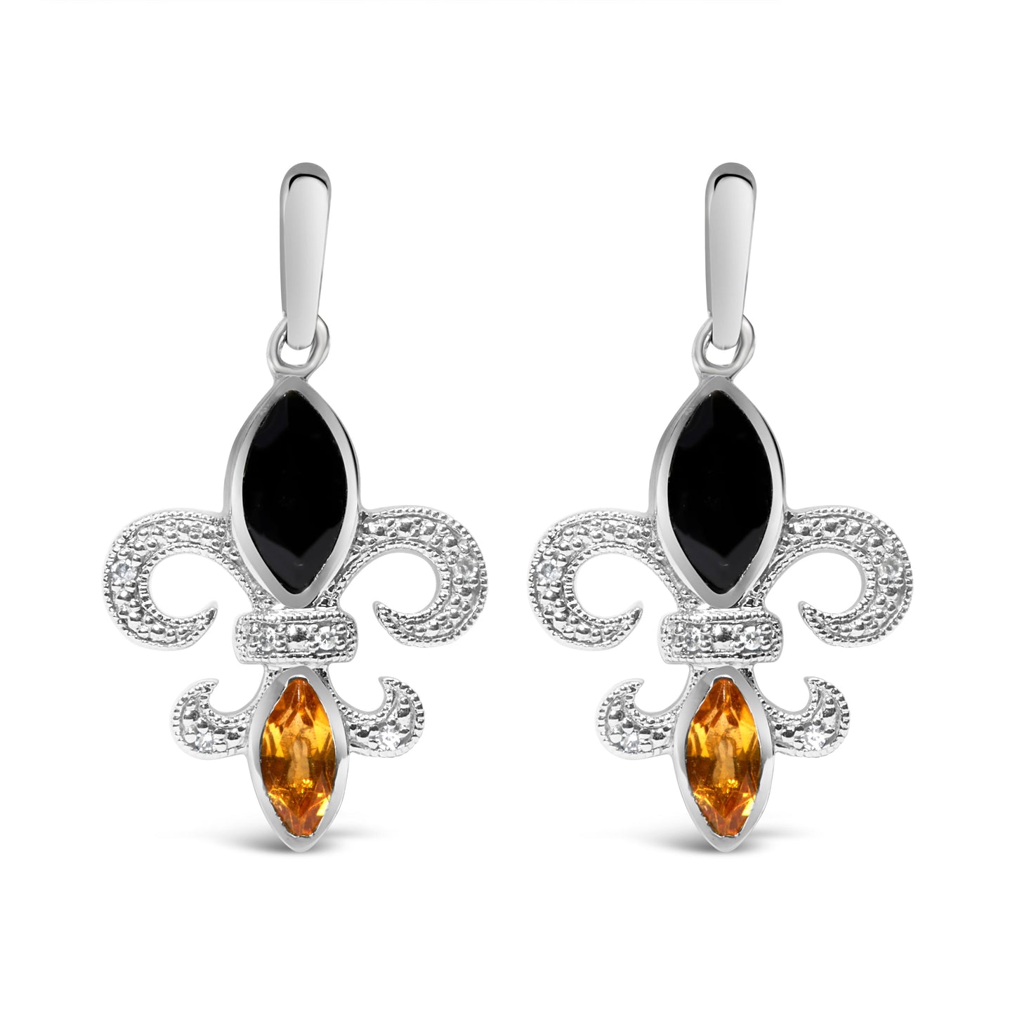 .925 Sterling Silver Marquise Cut Onyx and Citrine with Diamond Accent Fleur De Lis Drop Stud Earrings (H-I Color, SI1-SI2 Clarity) Bids.com