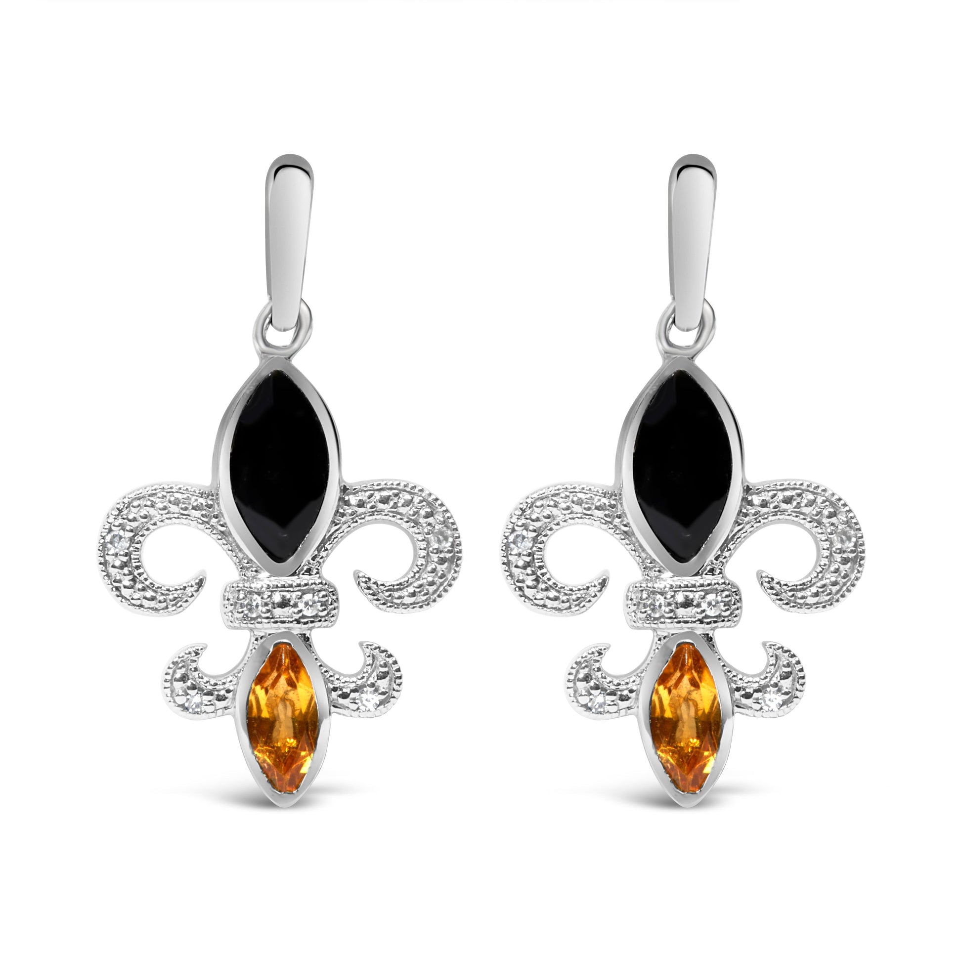 .925 Sterling Silver Marquise Cut Onyx and Citrine with Diamond Accent Fleur De Lis Drop Stud Earrings (H-I Color, SI1-SI2 Clarity) Bids.com
