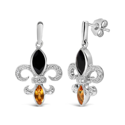.925 Sterling Silver Marquise Cut Onyx and Citrine with Diamond Accent Fleur De Lis Drop Stud Earrings (H-I Color, SI1-SI2 Clarity) Bids.com