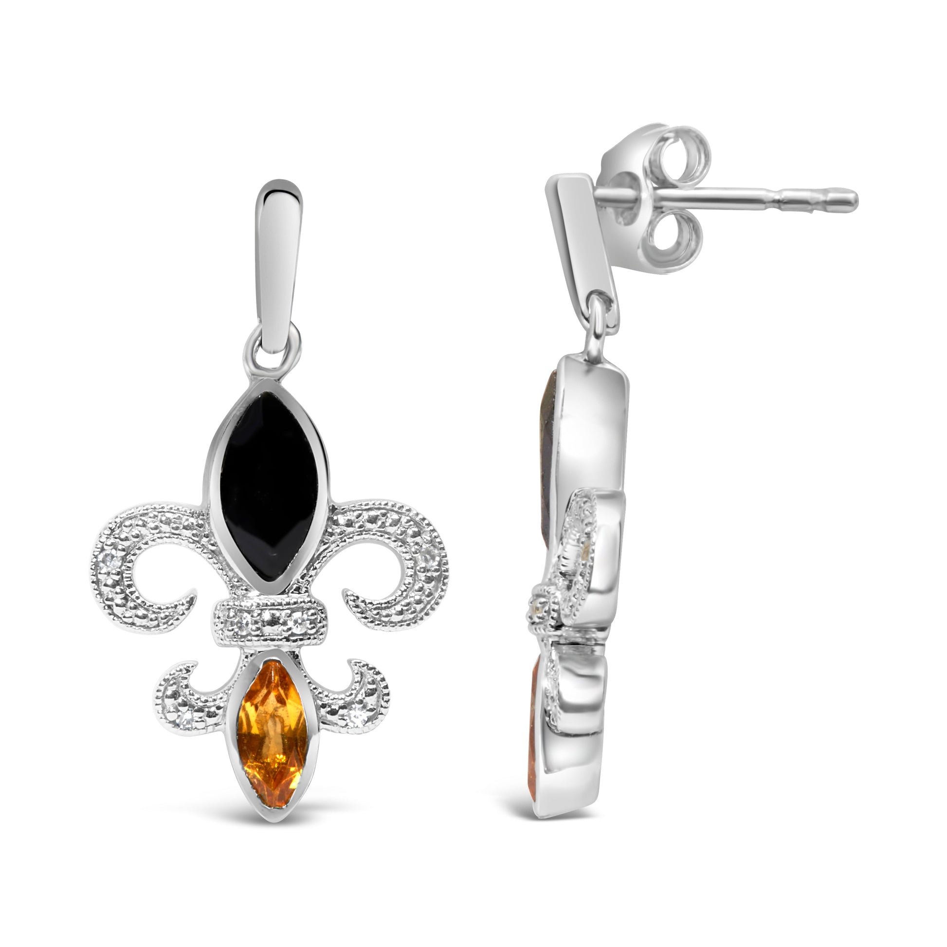 .925 Sterling Silver Marquise Cut Onyx and Citrine with Diamond Accent Fleur De Lis Drop Stud Earrings (H-I Color, SI1-SI2 Clarity) Bids.com