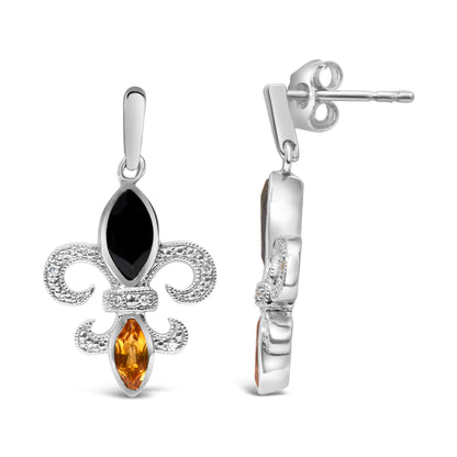.925 Sterling Silver Marquise Cut Onyx and Citrine with Diamond Accent Fleur De Lis Drop Stud Earrings (H-I Color, SI1-SI2 Clarity) Bids.com