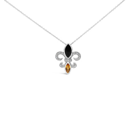 .925 Sterling Silver Marquise Onyx and Citrine and Diamond Accent Fleur De Lis Pendant Necklace (H-I Color, SI1-SI2 Clarity) - 18" Bids.com