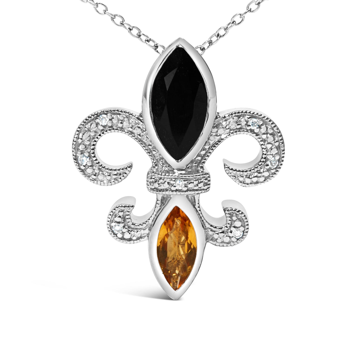 .925 Sterling Silver Marquise Onyx and Citrine and Diamond Accent Fleur De Lis Pendant Necklace (H-I Color, SI1-SI2 Clarity) - 18" Bids.com