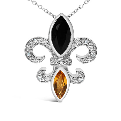 .925 Sterling Silver Marquise Onyx and Citrine and Diamond Accent Fleur De Lis Pendant Necklace (H-I Color, SI1-SI2 Clarity) - 18" Bids.com
