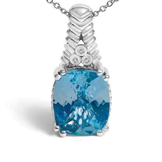 .925 Sterling Silver Blue Topaz and Diamond Accent Textured Pendant Necklace - 18" Inches Bids.com
