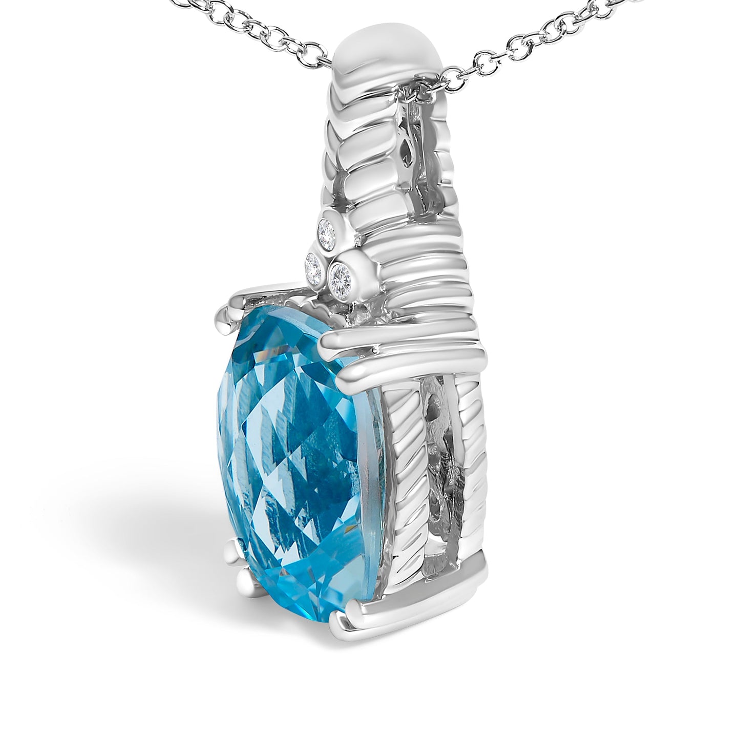 .925 Sterling Silver Blue Topaz and Diamond Accent Textured Pendant Necklace - 18" Inches Bids.com