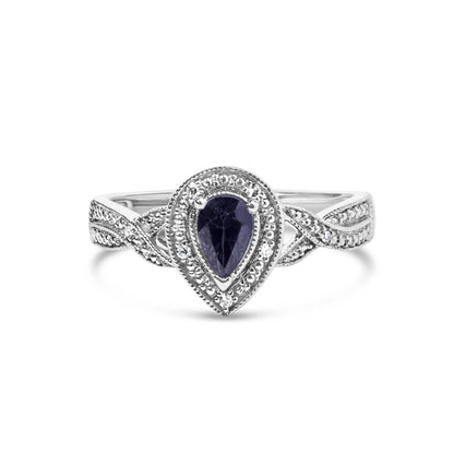 .925 Sterling Silver 6x4mm Pear Sapphire Gemstone with Diamond Accent Fashion Halo Ring (H-I Color, SI1-SI2 Clarity) - Size 7.5 Bids.com