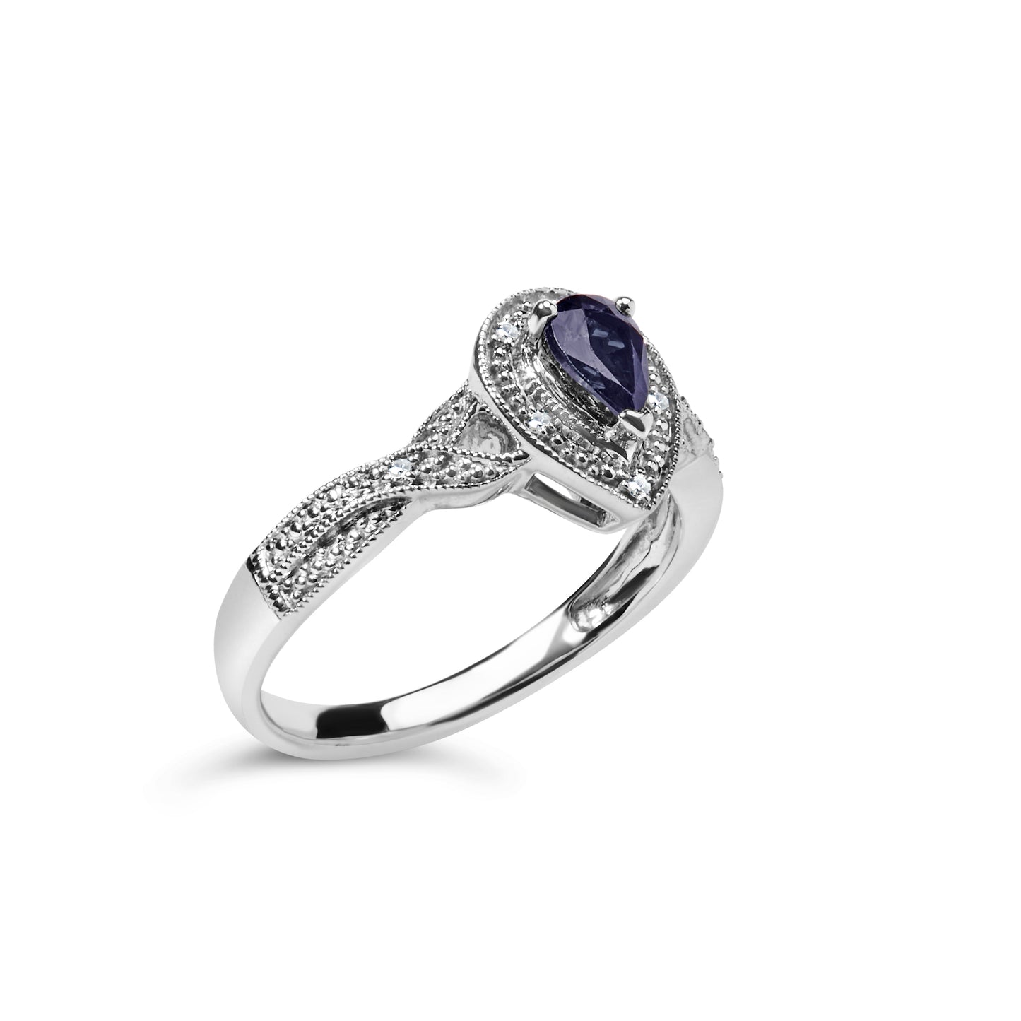 .925 Sterling Silver 6x4mm Pear Sapphire Gemstone with Diamond Accent Fashion Halo Ring (H-I Color, SI1-SI2 Clarity) - Size 7.5 Bids.com