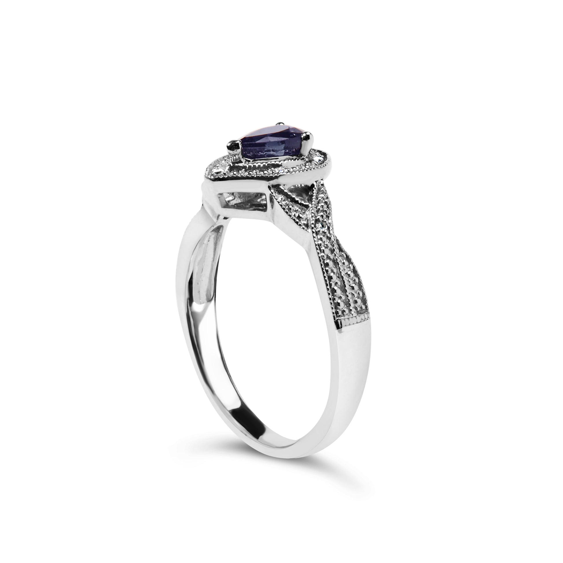.925 Sterling Silver 6x4mm Pear Sapphire Gemstone with Diamond Accent Fashion Halo Ring (H-I Color, SI1-SI2 Clarity) - Size 7.5 Bids.com