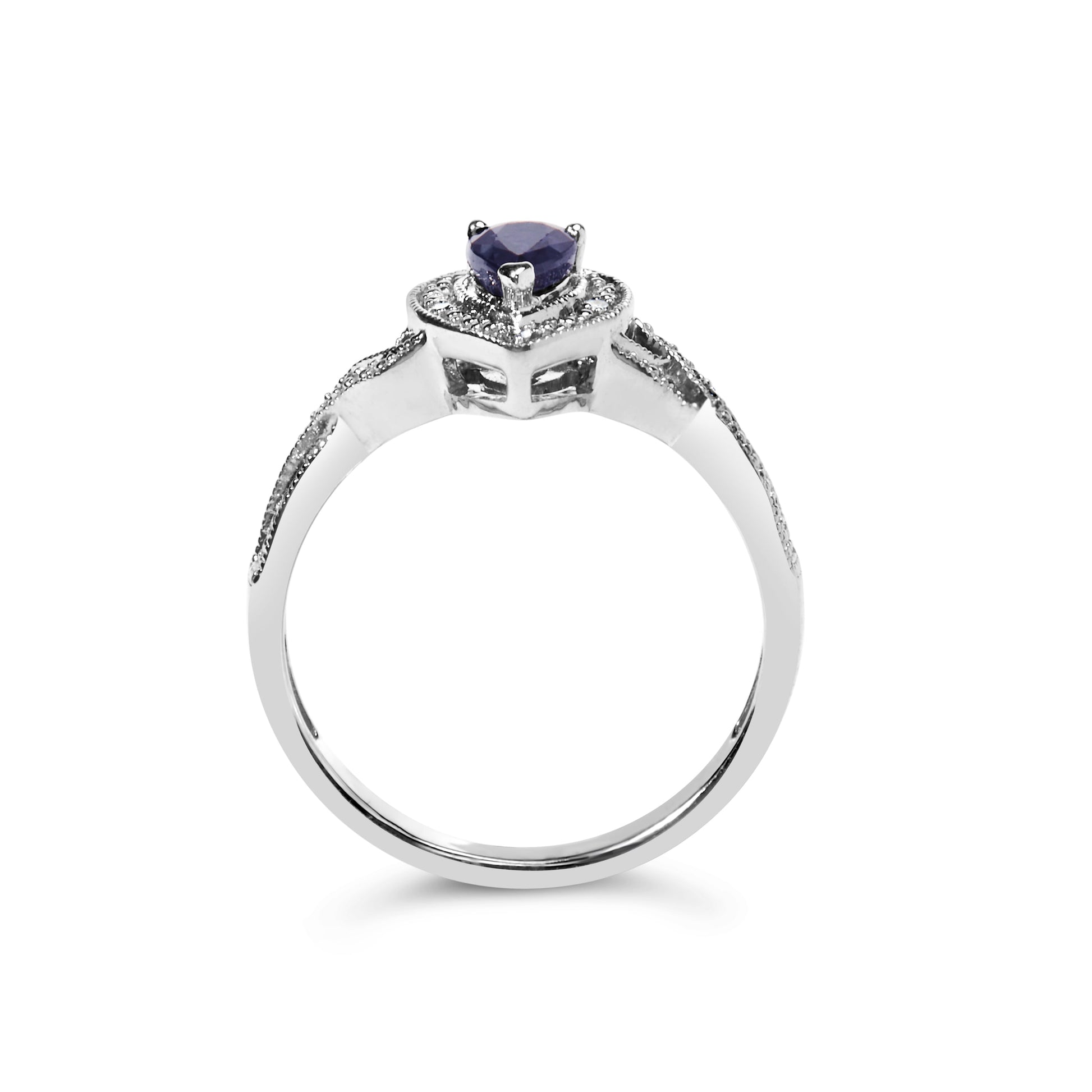 .925 Sterling Silver 6x4mm Pear Sapphire Gemstone with Diamond Accent Fashion Halo Ring (H-I Color, SI1-SI2 Clarity) - Size 7.5 Bids.com